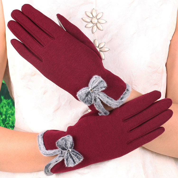 Fluffy Bow Trim Fleece Winter Gloves - Red - 1