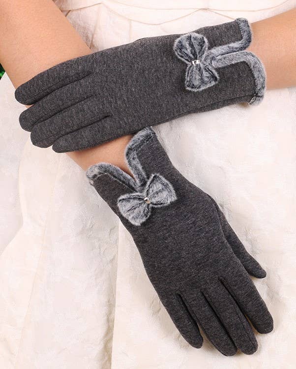 Fluffy Bow Trim Fleece Winter Gloves