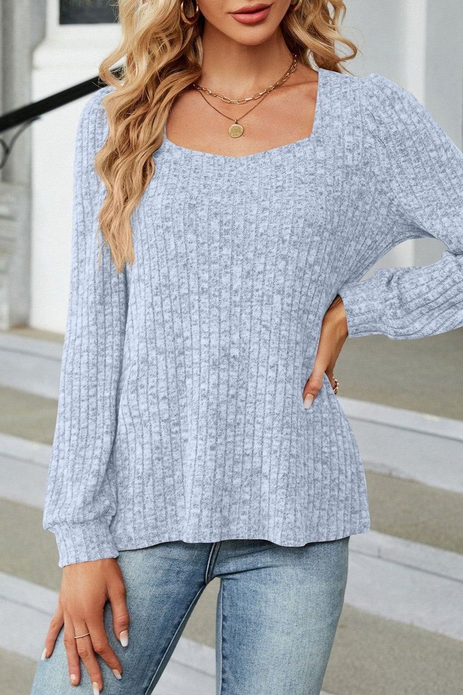 Square Neck Puff Sleeve Ribbed Knit Top - Light_blue - 5