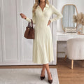 Collared Ribbed Knit Midi Dress Long Sleeve - White