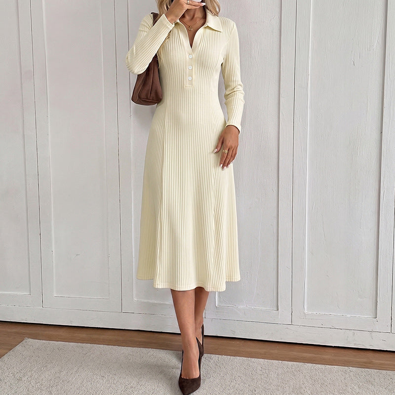 Collared Ribbed Knit Midi Dress Long Sleeve - White - 3