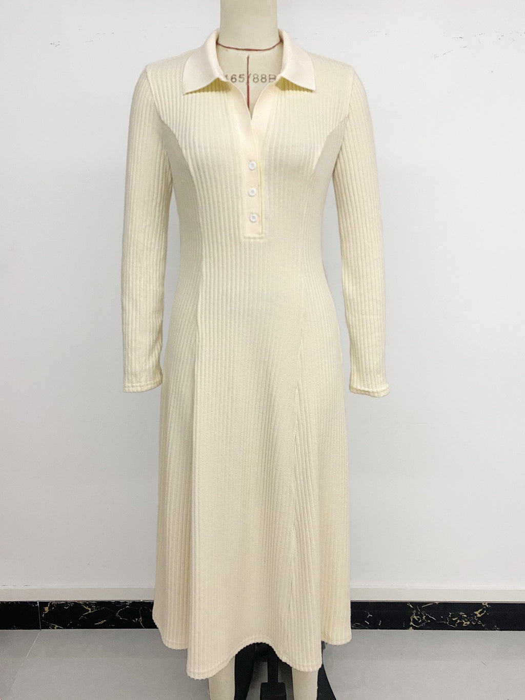 Collared Ribbed Knit Midi Dress Long Sleeve - White - 5