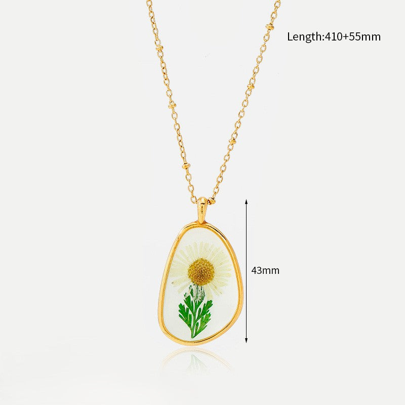 Boho Dried-Flower Resin Pendant Bead Necklace - White Daisy