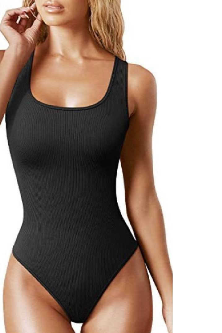 Ribbed Scoop Neck Tank Bodysuit - Black
