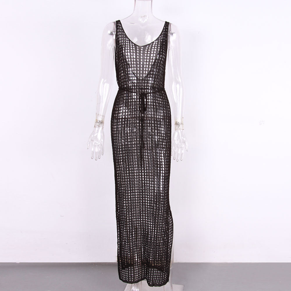 Sheer Crochet Mesh Maxi Beach Cover Up - Black - 3
