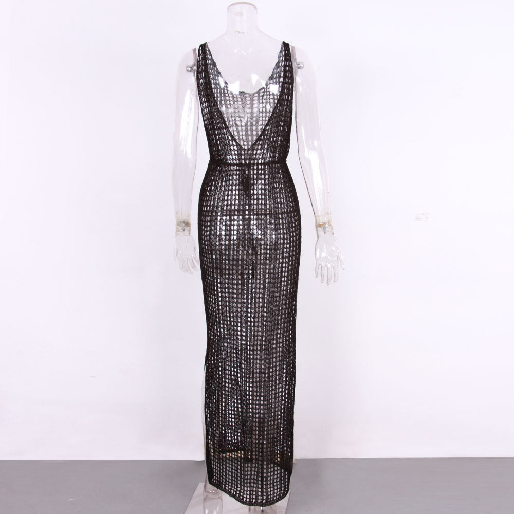 Sheer Crochet Mesh Maxi Beach Cover Up - Black - 4