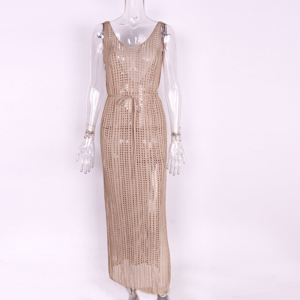 Sheer Crochet Mesh Maxi Beach Cover Up - Khaki - 2
