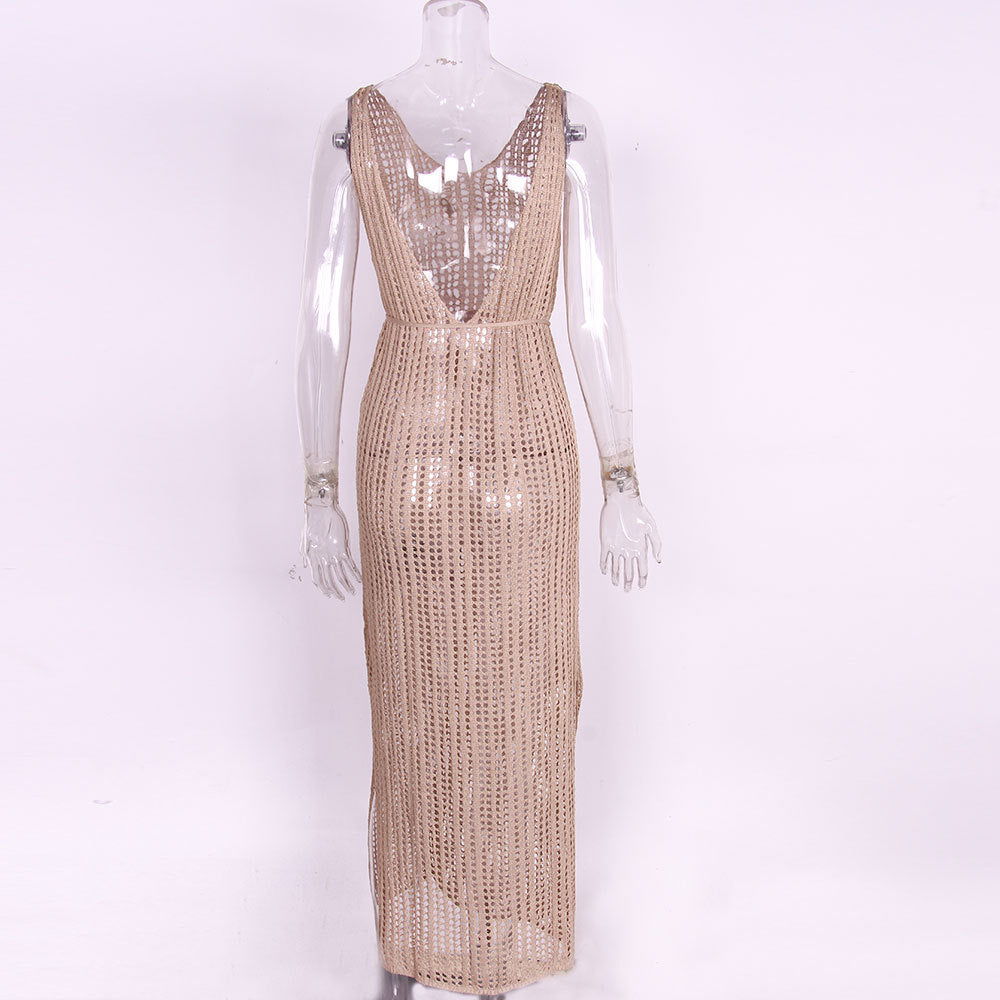 Sheer Crochet Mesh Maxi Beach Cover Up - Khaki - 3