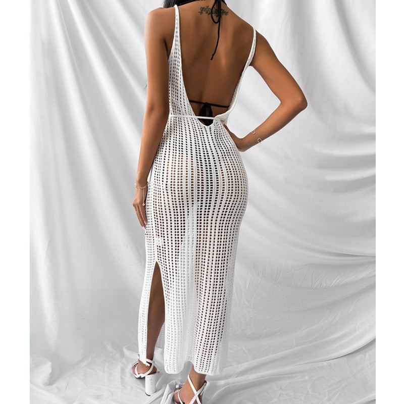 Sheer Crochet Mesh Maxi Beach Cover Up - White - 1