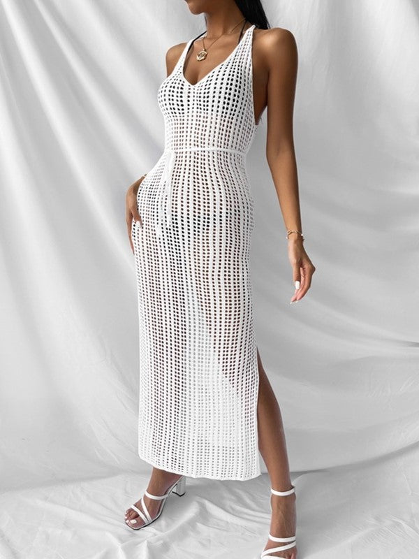 Sheer Crochet Mesh Maxi Beach Cover Up - White - 4