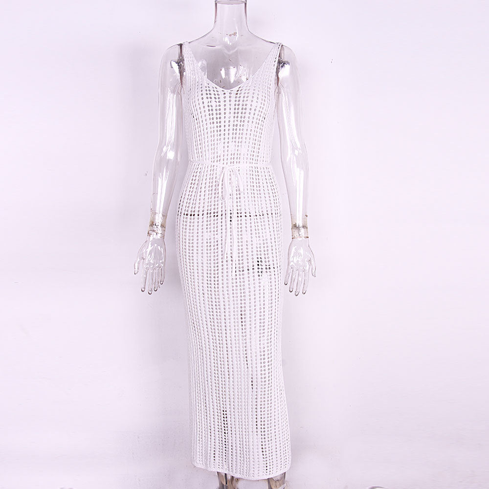 Sheer Crochet Mesh Maxi Beach Cover Up - White - 5