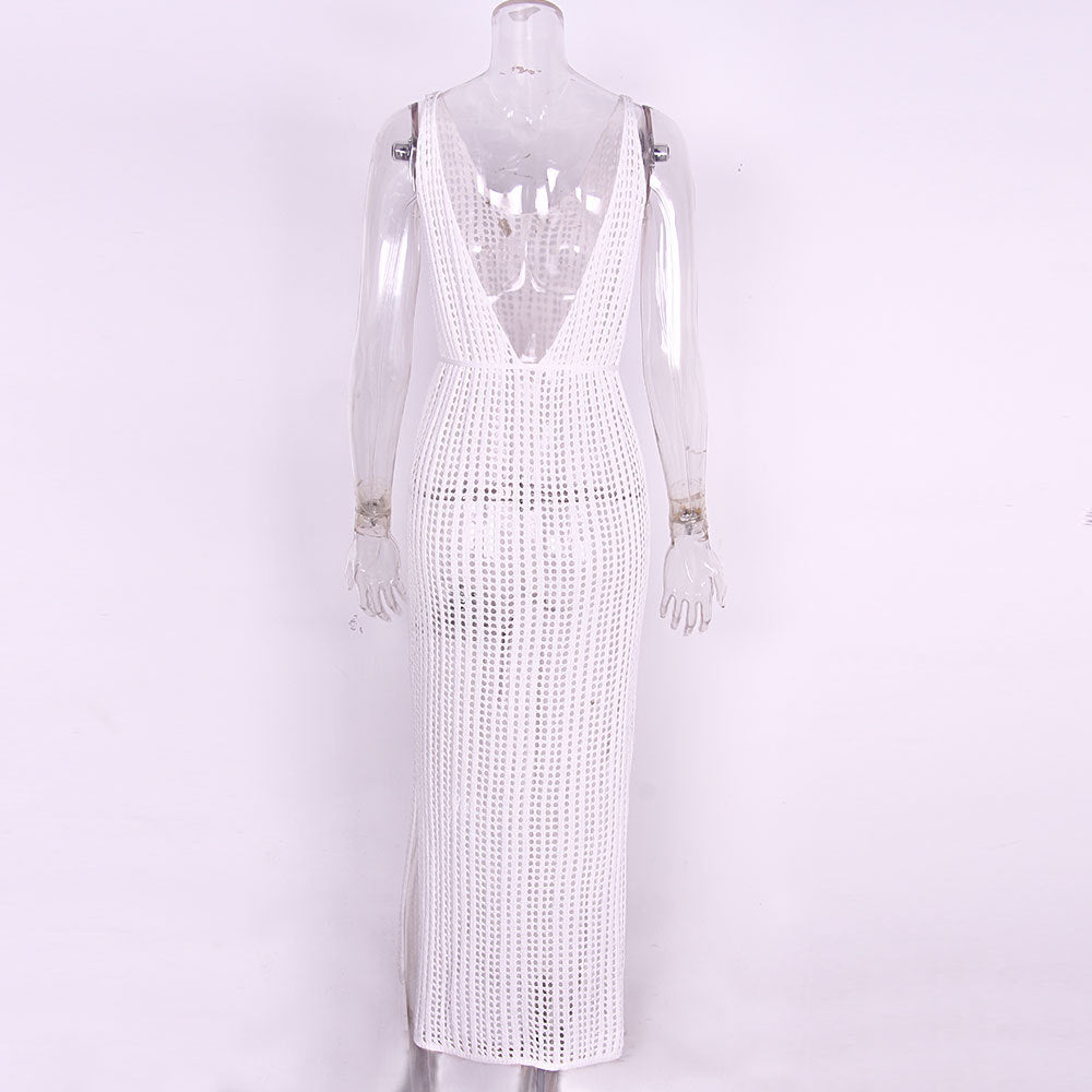 Sheer Crochet Mesh Maxi Beach Cover Up - White - 6