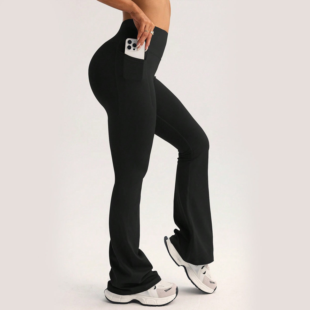 High Waist Flare Yoga Leggings With Side Pocket - Black