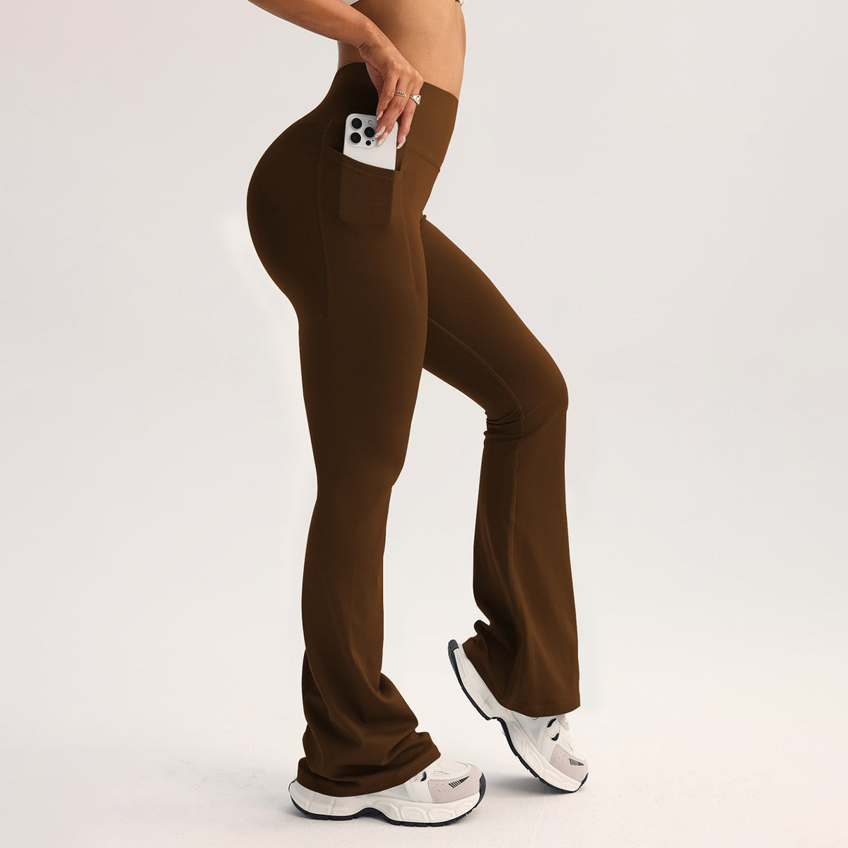 High Waist Flare Yoga Leggings With Side Pocket - Brown