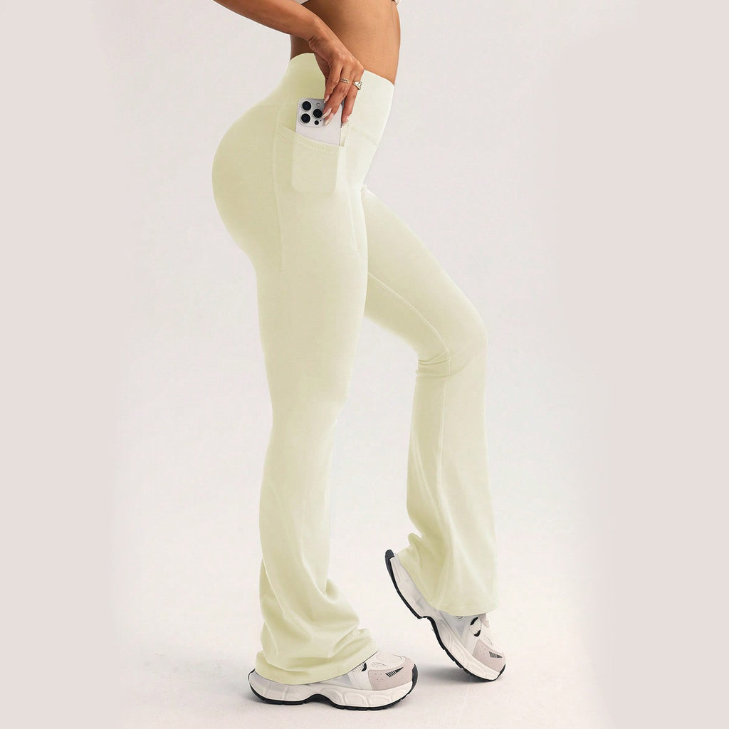 High Waist Flare Yoga Leggings With Side Pocket - Cream