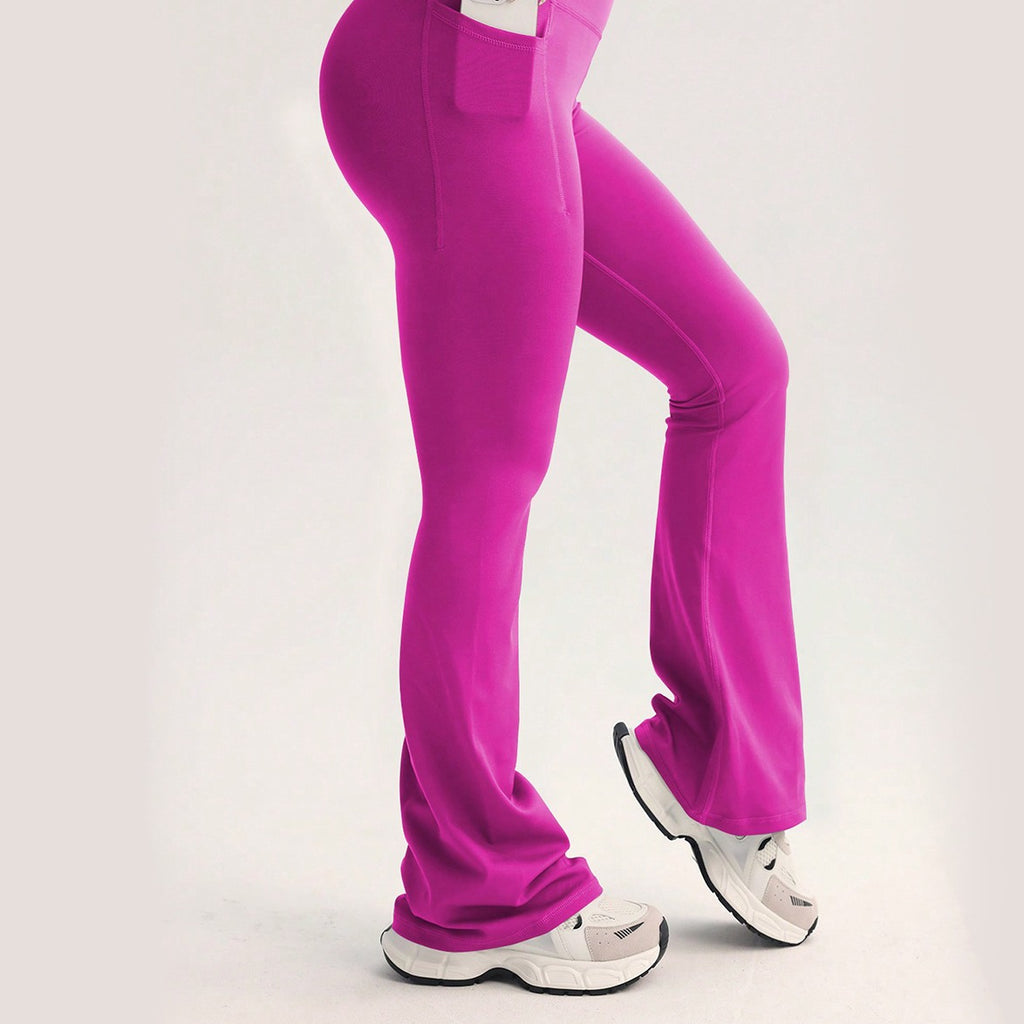 High Waist Flare Yoga Leggings With Side Pocket - Hot Pink