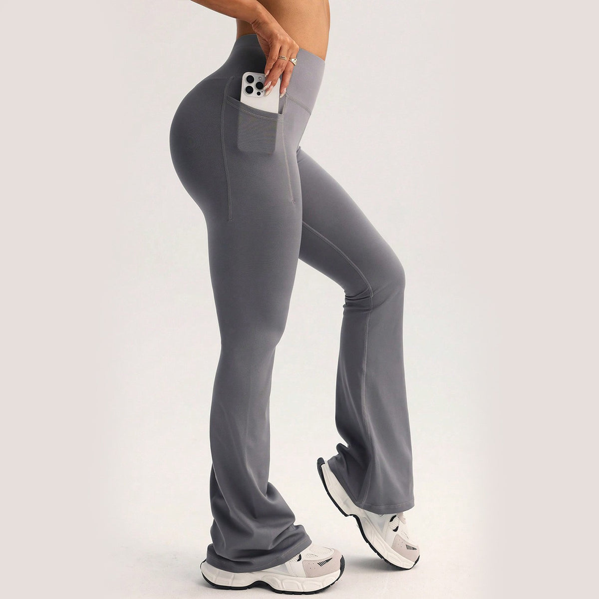 High Waist Flare Yoga Leggings With Side Pocket - Mid Gray