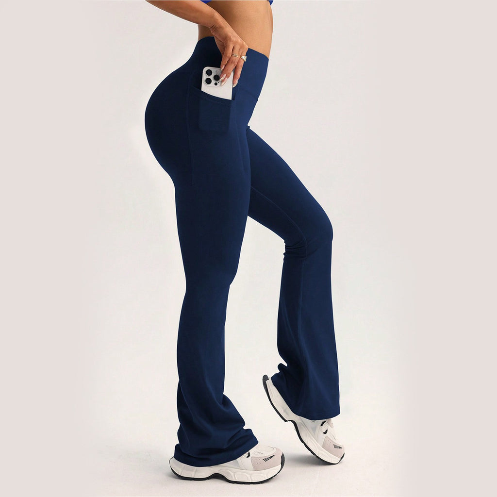 High Waist Flare Yoga Leggings With Side Pocket - Navy
