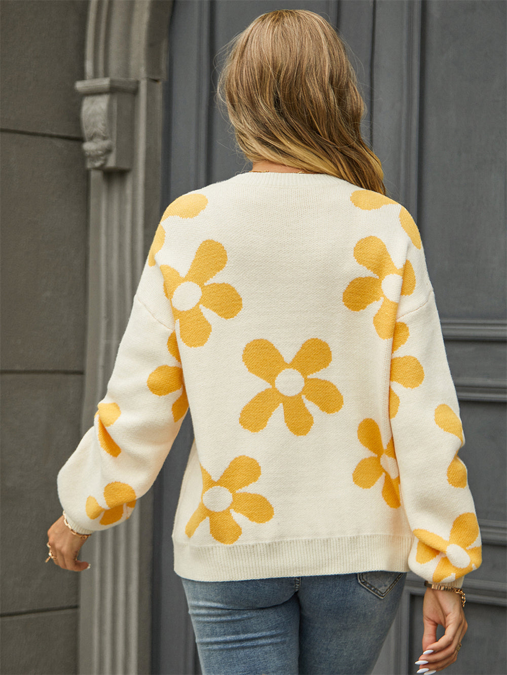 Retro Daisy Floral Pullover Knit Sweater - Apricot - 1