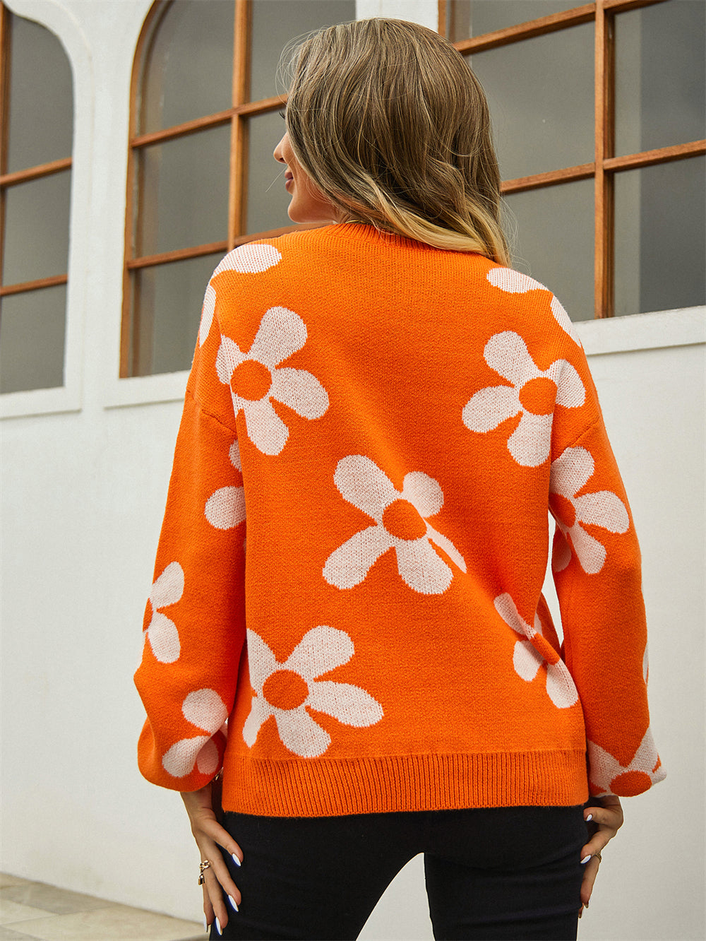 Retro Daisy Floral Pullover Knit Sweater - Orange - 1