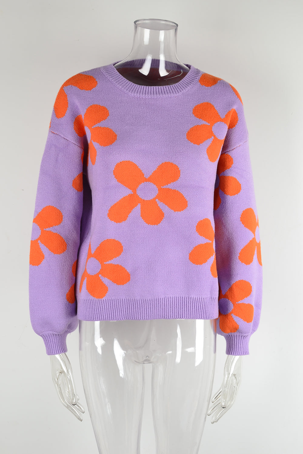 Retro Daisy Floral Pullover Knit Sweater - Purple - 1