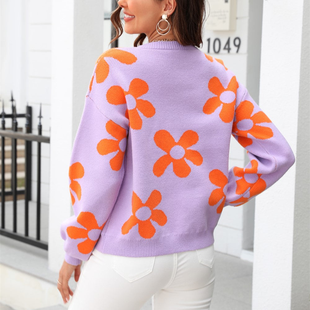Retro Daisy Floral Pullover Knit Sweater - Purple - 3