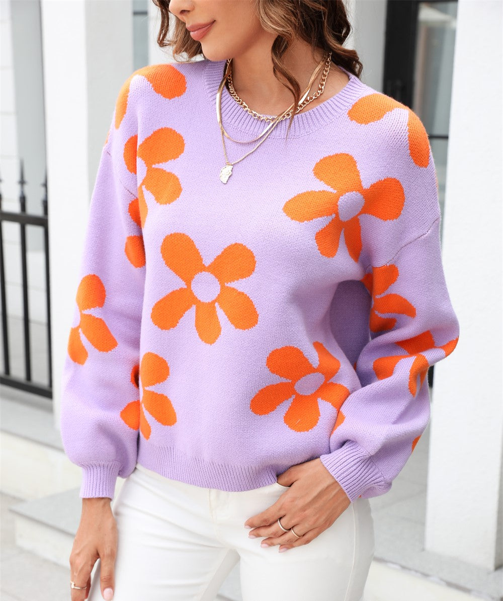 Retro Daisy Floral Pullover Knit Sweater - Purple - 4