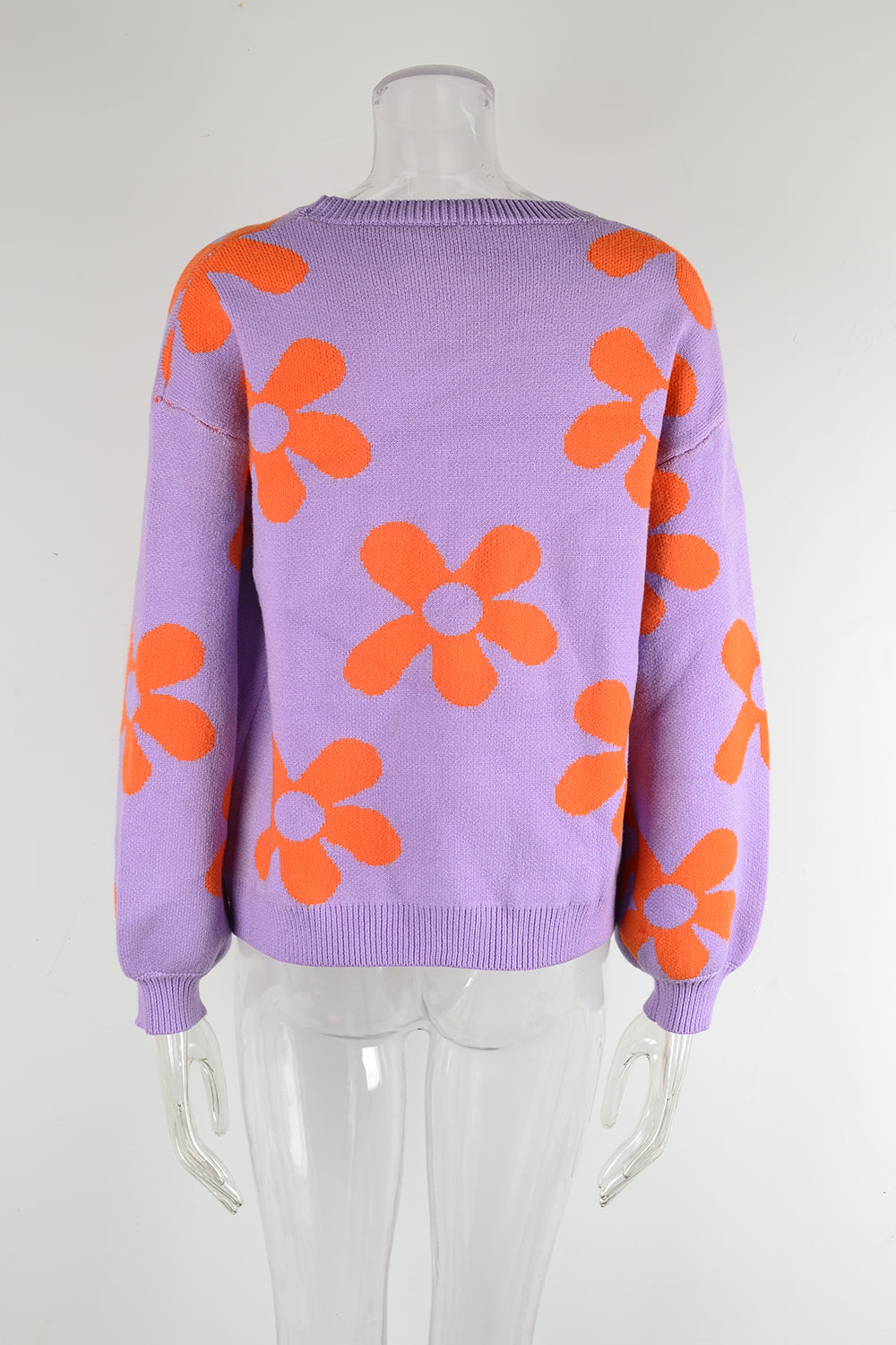 Retro Daisy Floral Pullover Knit Sweater - Purple - 5