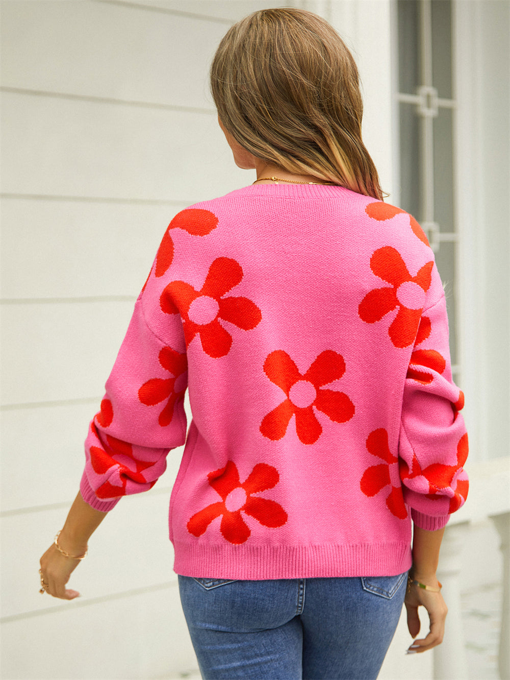 Retro Daisy Floral Pullover Knit Sweater - RoseRed - 2