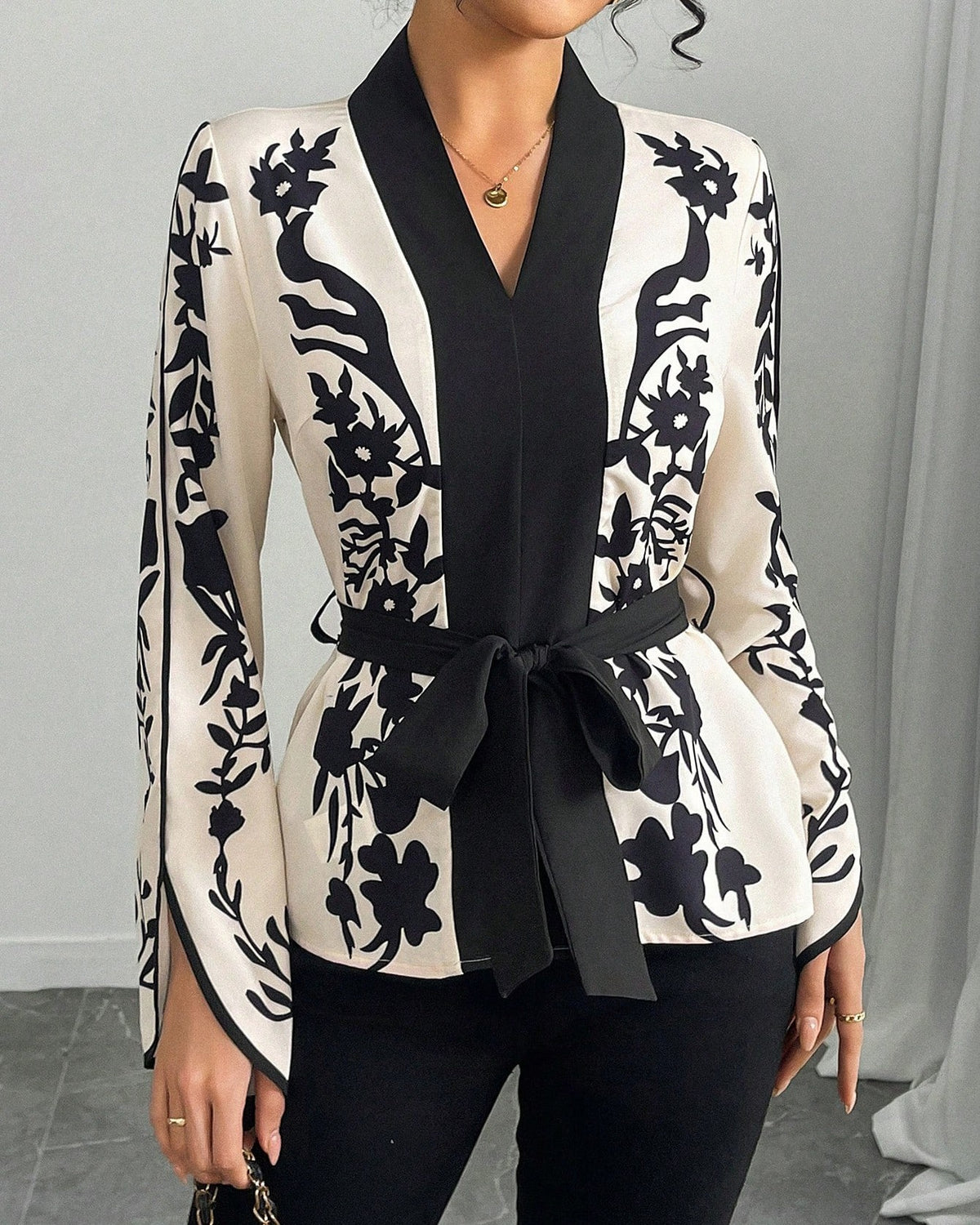 Elegant Floral Silhouette Belted Wrap Top - Decor