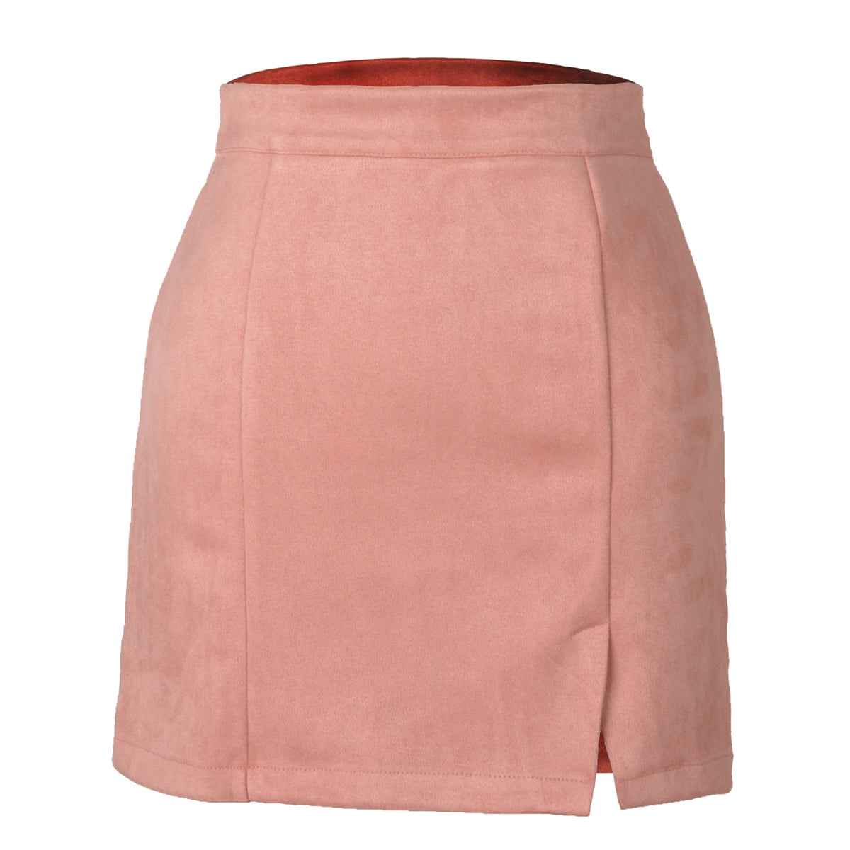 High Waist Faux Suede Mini Skirt With Slit - Pink