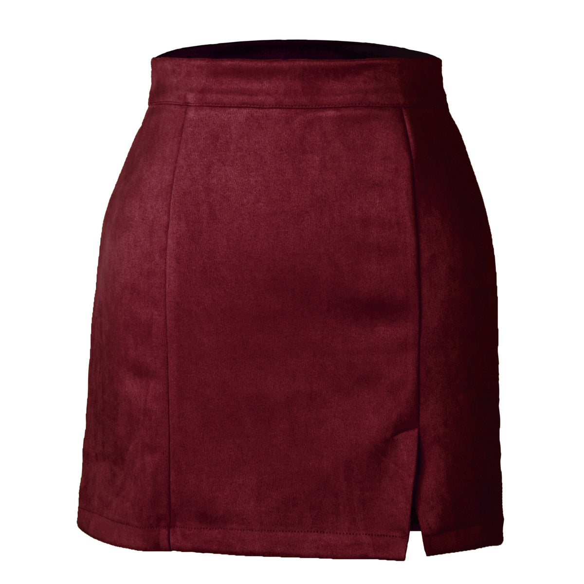 High Waist Faux Suede Mini Skirt With Slit - Winered
