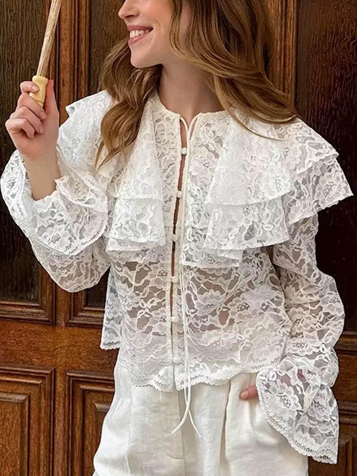 Sheer Lace Ruffle Collar Peasant Blouse - White