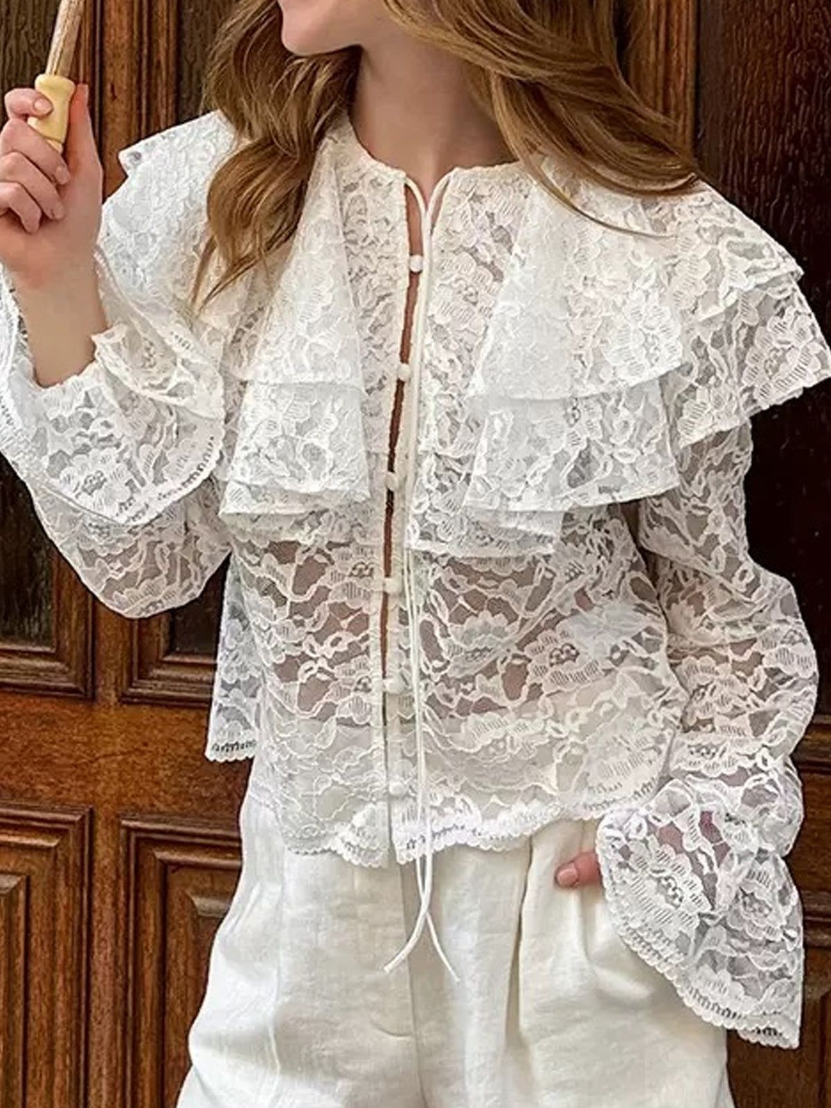 Sheer Lace Ruffle Collar Peasant Blouse - White - 2
