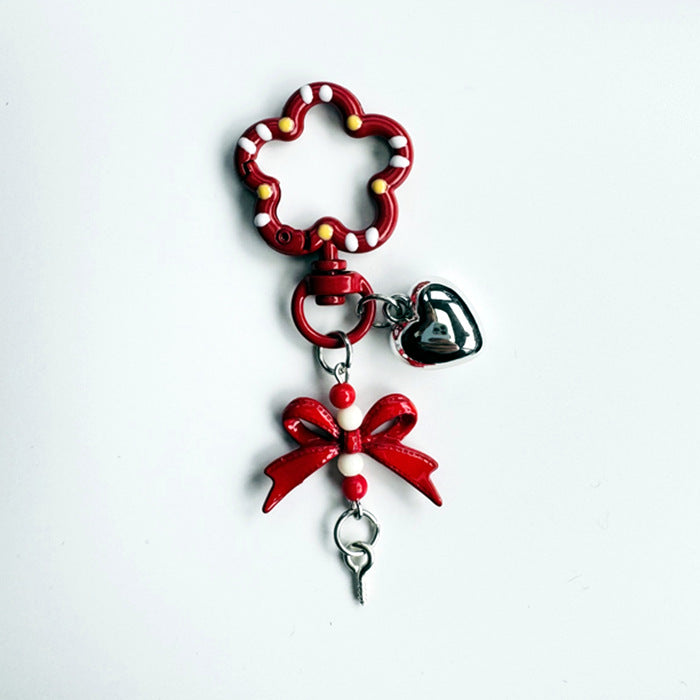 Flower Ring Bow Charm Keychain - Red