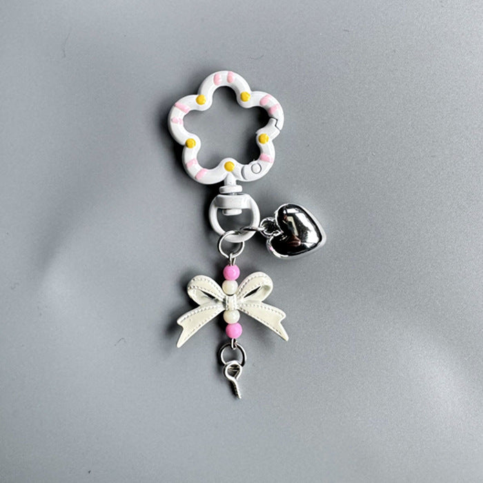 Flower Ring Bow Charm Keychain - White