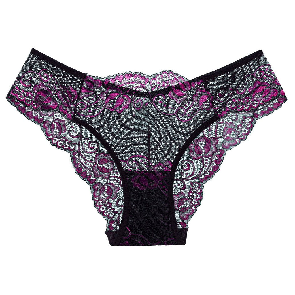 Two Tone Floral Lace Low Rise Cheeky Panty - Black
