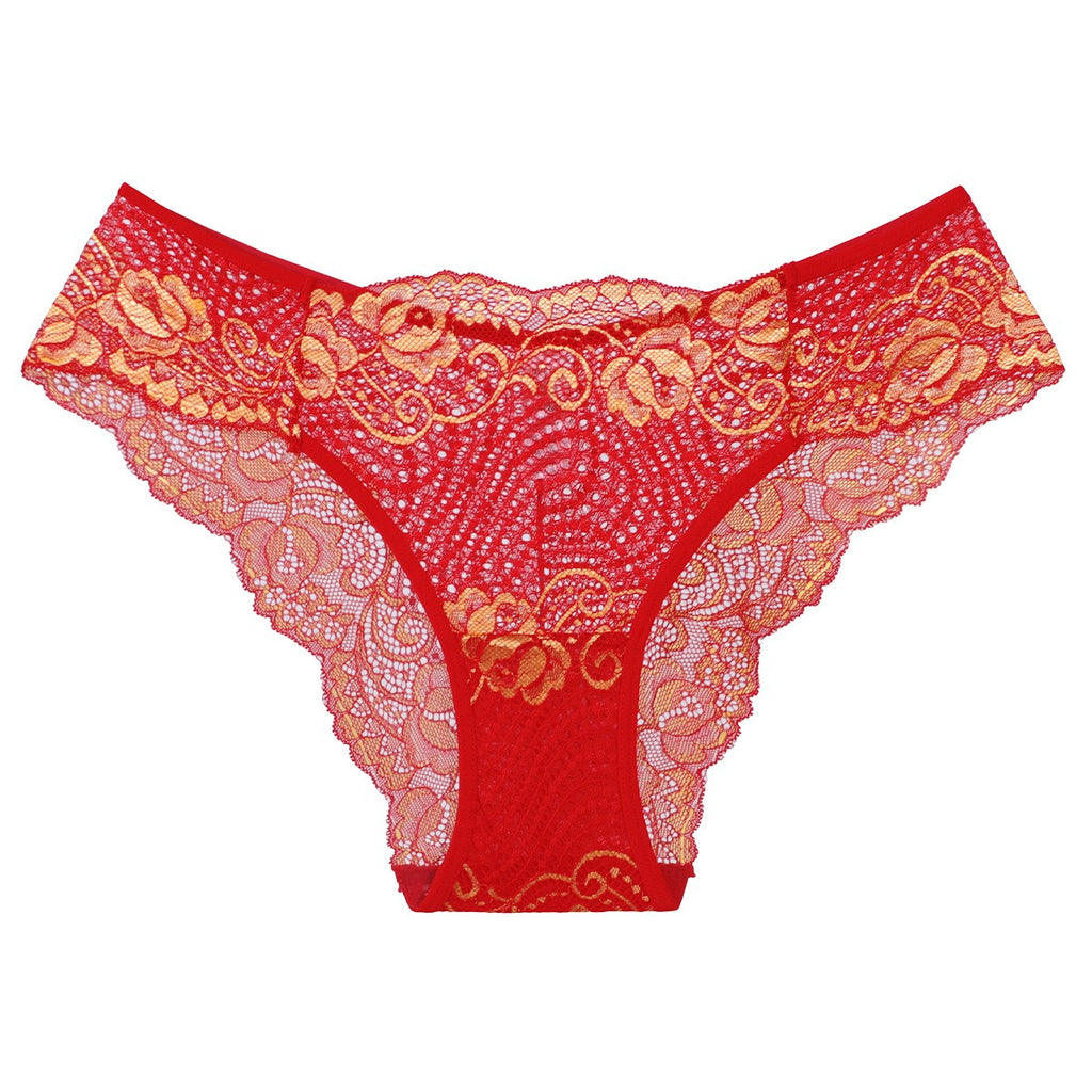Two Tone Floral Lace Low Rise Cheeky Panty - Red