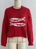 Fish Intarsia Crew Neck Cropped Sweater - Red