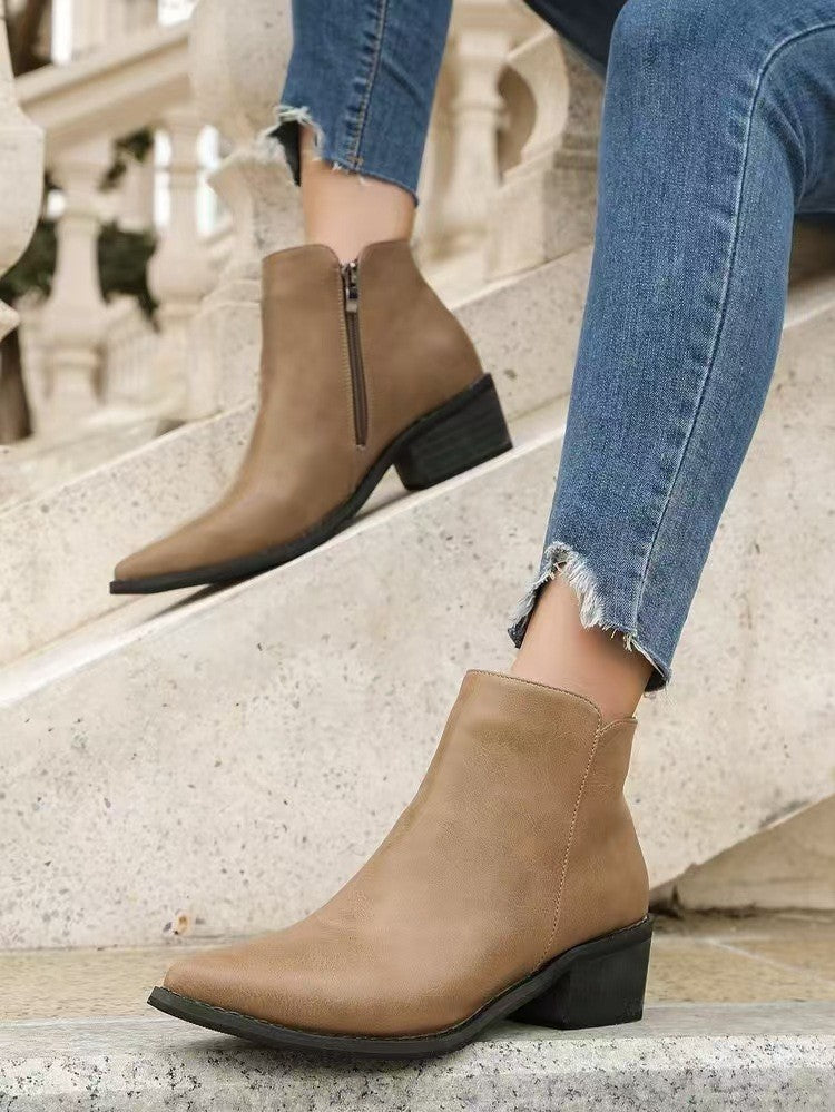 Pointed Toe Side Zip Block Heel Ankle Boots - Taupe