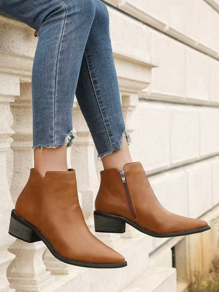 Pointed Toe Side Zip Block Heel Ankle Boots