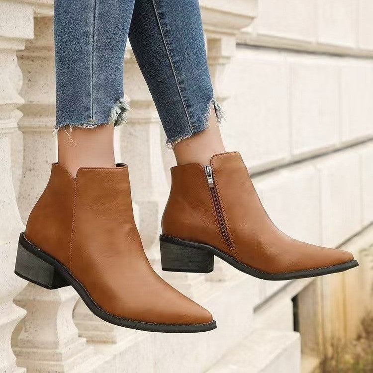 Pointed Toe Side Zip Block Heel Ankle Boots