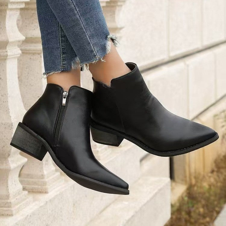 Pointed Toe Side Zip Block Heel Ankle Boots