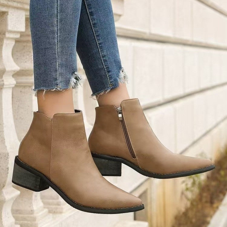 Pointed Toe Side Zip Block Heel Ankle Boots