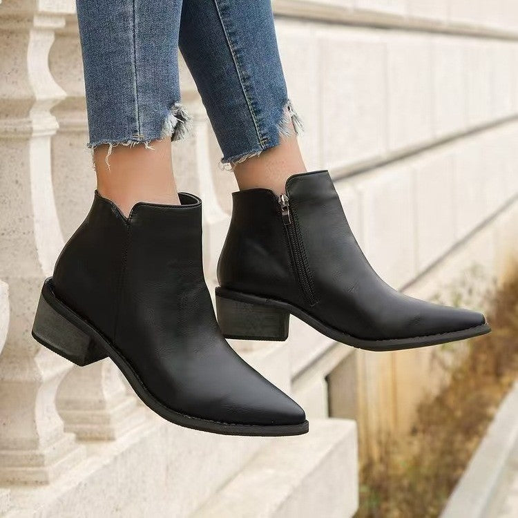 Pointed Toe Side Zip Block Heel Ankle Boots