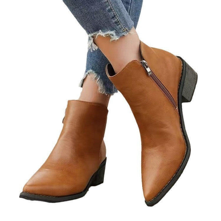 Pointed Toe Side Zip Block Heel Ankle Boots