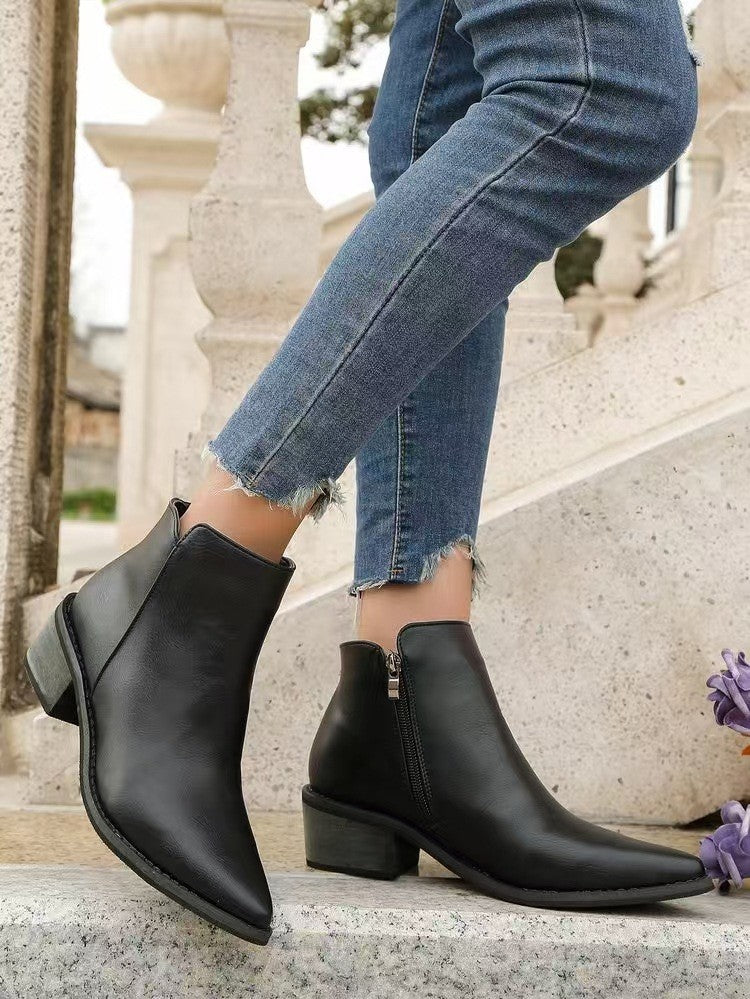 Pointed Toe Side Zip Block Heel Ankle Boots