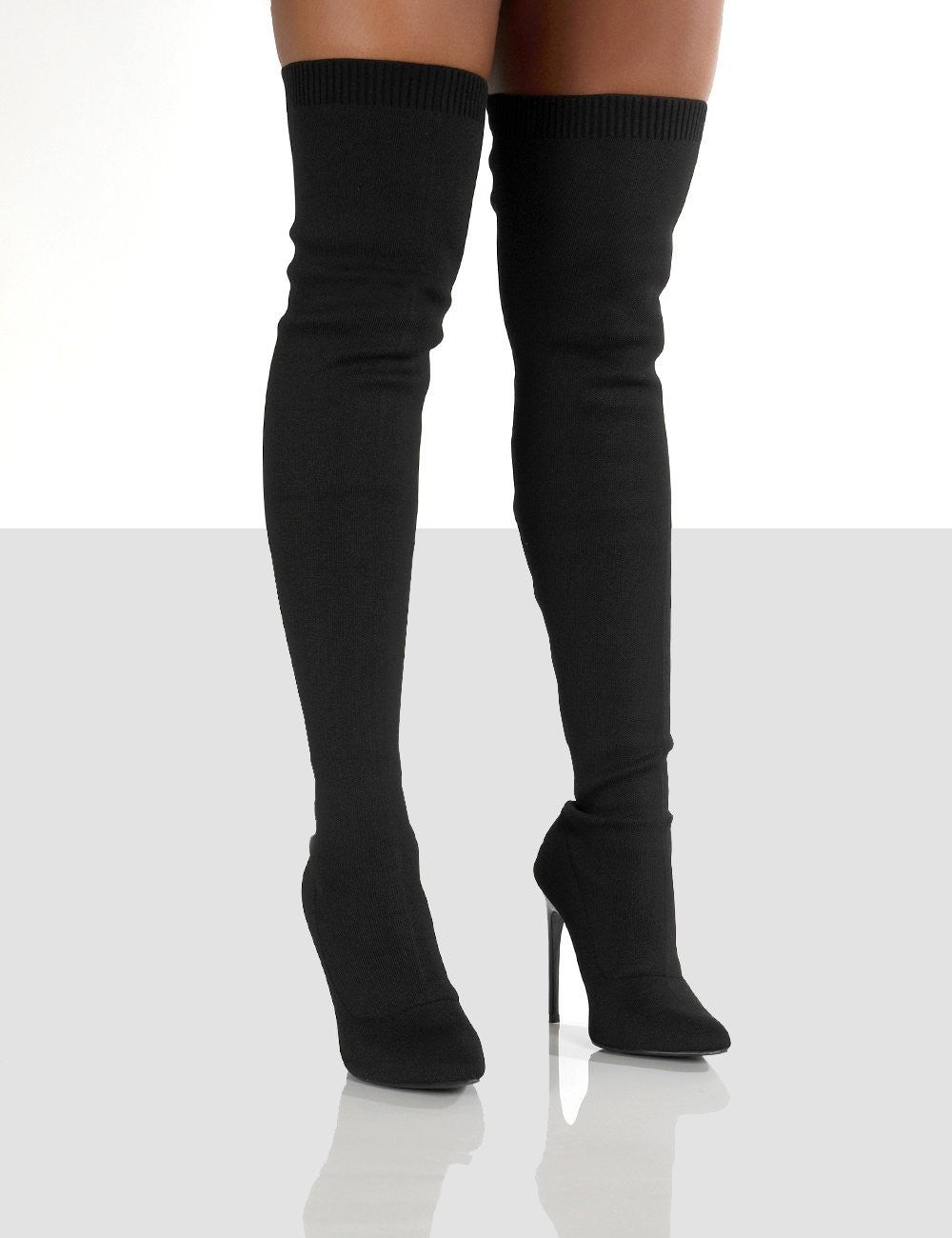 Knit Over the Knee Stiletto Sock Boots - Black