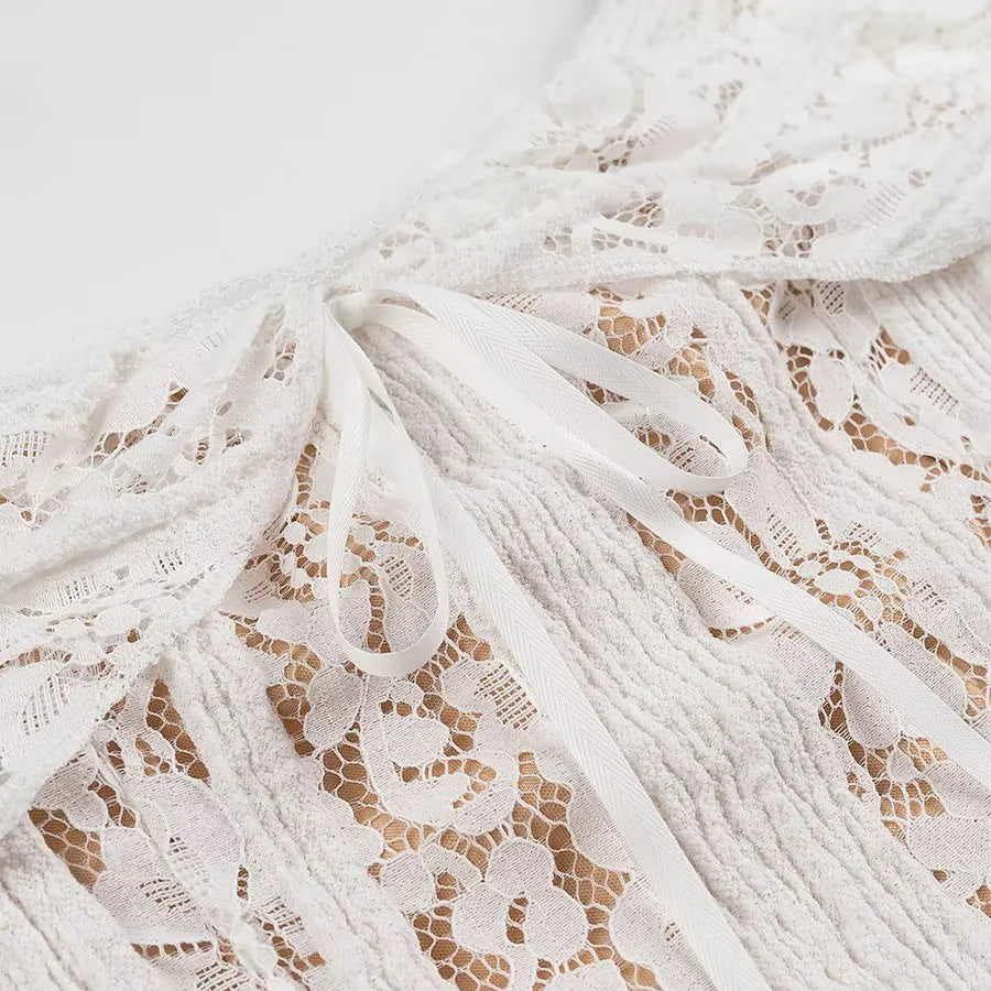 Fold Over Collar Lace Mini Dress - White - 2