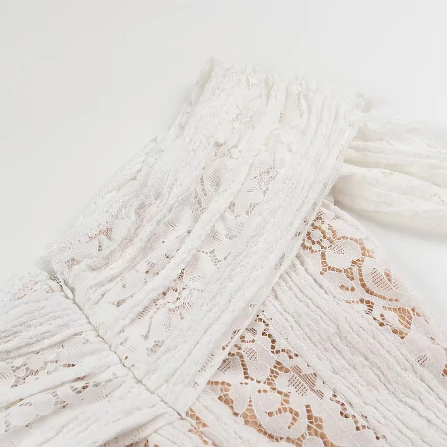 Fold Over Collar Lace Mini Dress - White - 3